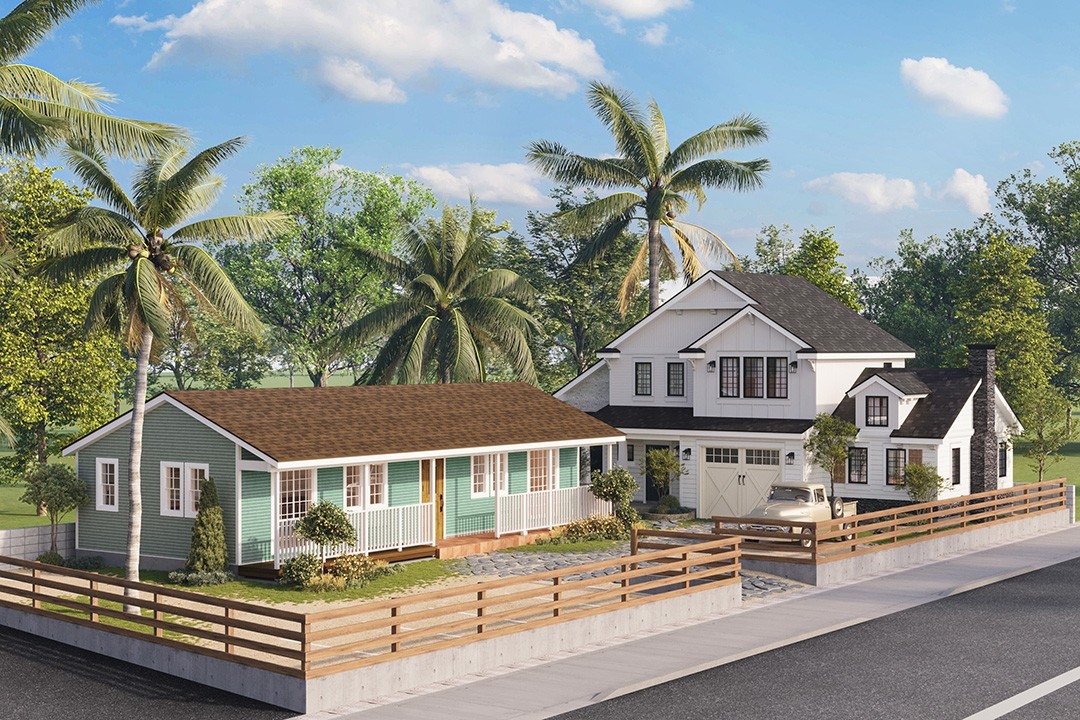 平屋とガレージハウス2棟が並ぶアメリカンスタイルの展示場。※画像はイメージです。