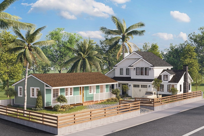 平屋とガレージハウス2棟が並ぶアメリカンスタイルの展示場。※画像はイメージです。