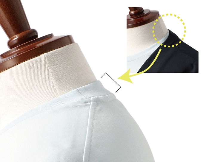 襟後ろをやや高めに設計し、ジャケット襟裏の汚れを防ぐ(一部商品)
