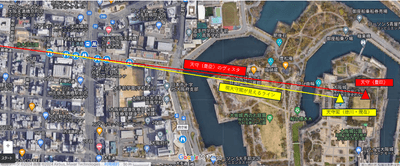 現天守閣が見える場所と豊臣期天守のヴィスタとの関係（「大阪城・見える化MAP」より）　地図引用元：Google社「Google マップ」
