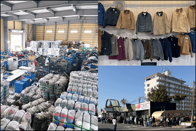 滋賀県のwarehouse CLASS1 JAPANの内部（左側）、静岡県の古着CLASS1浜松の商品（右上）および同店のオープン時の約700名の行列の様子（右下）