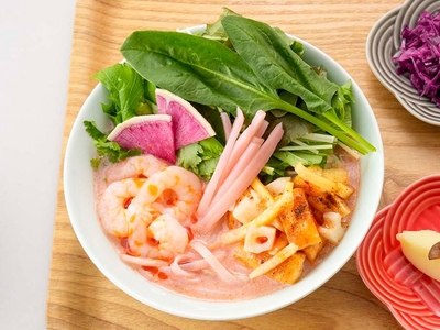 岩下の新生姜とエビの豆乳ココナッツクリームフォー