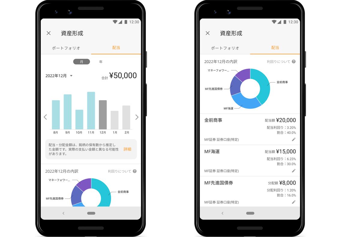 ※画像左:「配当」ページトップ(例)、画像右:「配当」ページ円グラフ以下の見え方(例)