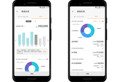 ※画像左：「配当」ページトップ（例）、画像右：「配当」ページ円グラフ以下の見え方（例）
