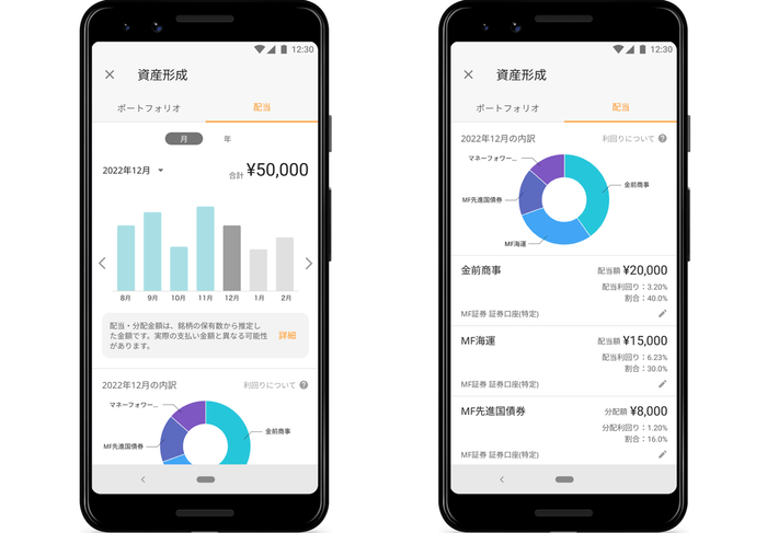 ※画像左:「配当」ページトップ(例)、画像右:「配当」ページ円グラフ以下の見え方(例)