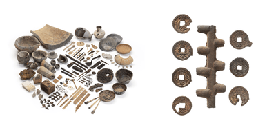 　　出土品集合　　　　　　　　　　　　　　　　　　　　　富本銭と鋳棹