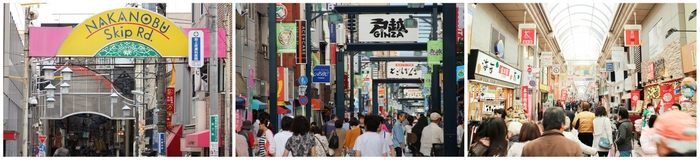 (品川区の3つの商店街。左から、中延商店街、戸越銀座商店街、武蔵小山商店街パルム)