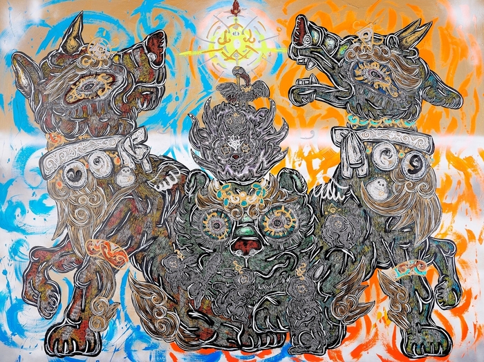 《雪の日、エゾオオカミのスピリット達の呼びかけにたくさんの仲間たちがやって来たよ》 2025年 アクリル、 キャンヴァス 作家蔵