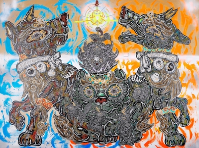 《雪の日、エゾオオカミのスピリット達の呼びかけにたくさんの仲間たちがやって来たよ》 2025年 アクリル、 キャンヴァス 作家蔵