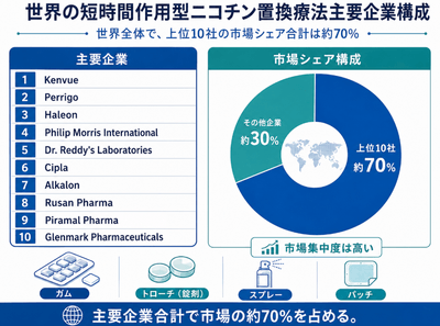 上記のグラフ／データは、YHResearchのレポート「グローバル短時間作用型ニコチン置換療法のトップ会社の市場シェアおよびランキング 2026」から引用したものであり、ランキングは2025年のデータに基づいています。最新の数値については、弊社による最新の調査データをご参照ください。