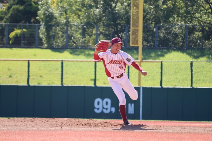 8回7安打1失点と好投した松下(法学部1年)