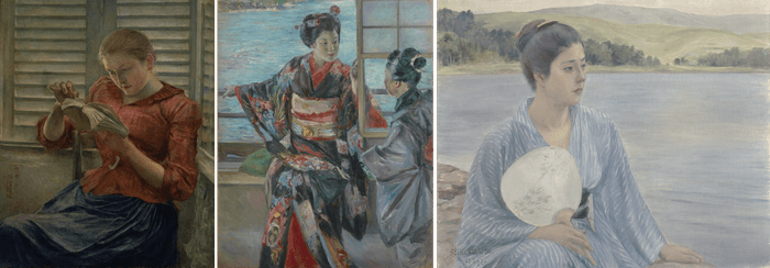 左:読書(明治24年〔1891〕)、中央:重要文化財 舞妓(明治26年〔1893〕)、右:重要文化財 湖畔(明治30年〔1897〕)※いずれも黒田清輝筆、東京国立博物館所蔵