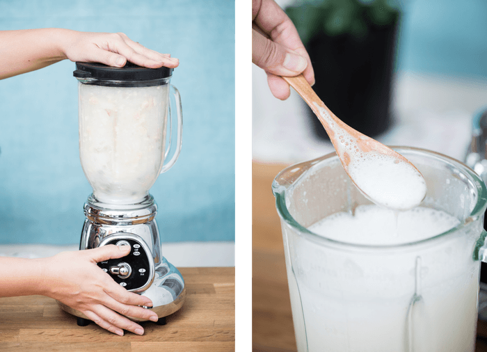 (2)アーモンドをミキサーで撹拌する