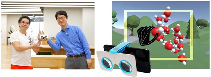 VR-MDデバイスを持つ佐藤氏と松田氏(左)、VR-MDによるVR空間(右)