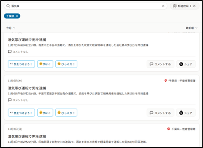 ＜例 千葉県、今月、酒気帯び運転 で検索＞