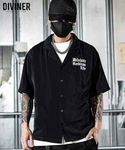 【Black Letter】Rear Embroidery Open Collar Shirt