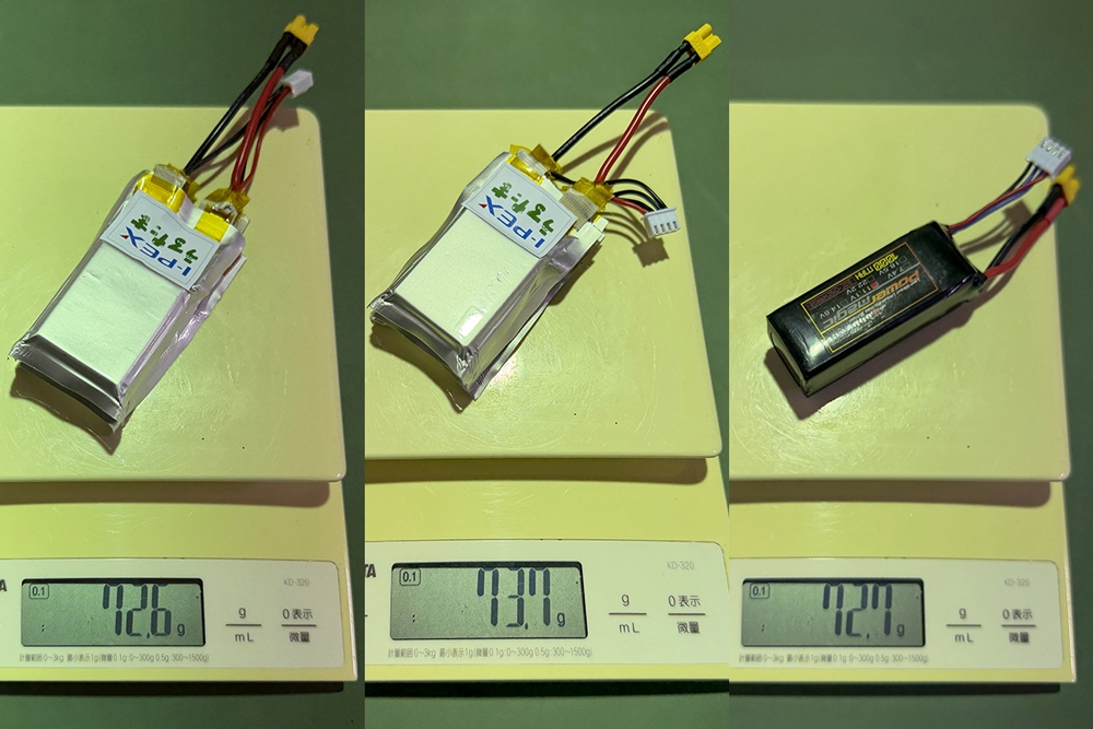 マイクロドローンに搭載した電池パック(左:シリコン負極電池パック、中央:リチウム負極電池パック、右:比較用の市販電池パック)