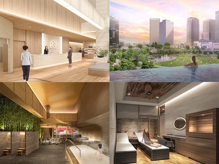 左上:フロント/右上:屋外温水インフィニティプール/左下:女性大浴場/右下:プライベートルーム