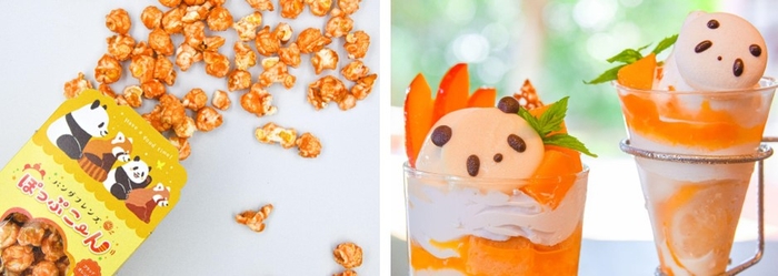 パンダフレンズ ぽっぷこーん 近大柑橘・ブラッドオレンジ使用(左)、近大マンゴーのトロピカルシャインパフェ(右)