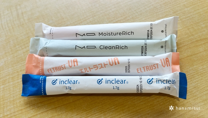 お配りした商品サンプル: 手前から、インクリア、エルトラストVA、M.D.シリーズ2種