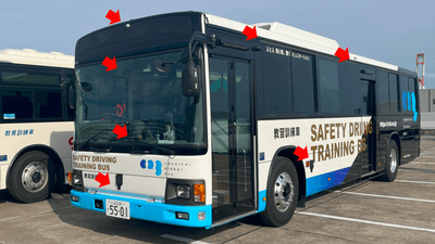 乗合型教育訓練車 （中日臨海バス様ご協力）※赤矢印は、機器取付位置イメージ