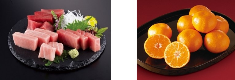 黒門市場 新魚栄 近大マグロセット(左)、近大みかん(右)