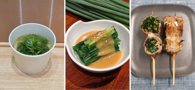 左から 【宮城県産・福岡県産】 小ねぎのぬた和え ※定食小鉢での提供 （みのる食堂銀座） 【宮城県産・福岡県産】小ねぎと鶏団子の春雨スープ650円（みのりカフェ銀座） 【福岡県産】国産豚 小ねぎ巻き串432円（みのりみのるチキン）