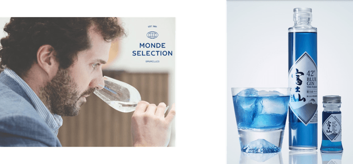 (左)モンドセレクション2025審査風景 (右)「富士山ブルージン」