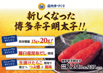 粒立ち良い、生漬けたらこと、羅臼産の昆布だしで辛味の中に旨みあり　味付けと製法にこだわった博多辛子明太子使用！！「手づくりおにぎり　博多辛子明太子」４月５日（金）新発売！！