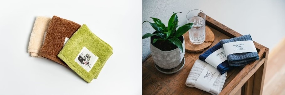 senshu×kindai(2020年)泉州美人(ハンカチ)(左)、INNER PILE(miniタオル)(右)