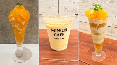 左から　北原早生パフェ ※フェア限定「北原早生」を増量して提供 （アミュプラザ博多店） 1,518円・北原早生のスムージー （福岡パルコ店） 649円・北原早生のソフトクリームパフェ （福岡パルコ店） 1,419円