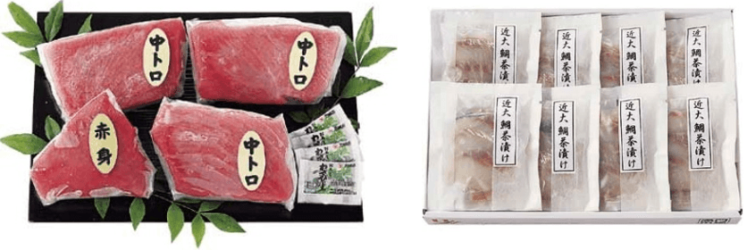 黒門市場<新魚栄>近大マグロセット(左)、黒門市場<新魚栄>近大鯛茶漬けセット(右)
