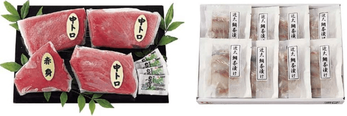 黒門市場<新魚栄>近大マグロセット(左)、黒門市場<新魚栄>近大鯛茶漬けセット(右)