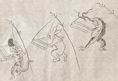 鳥獣戯画～手漉き和紙ができるまで～』の一面（紙漉き風景）