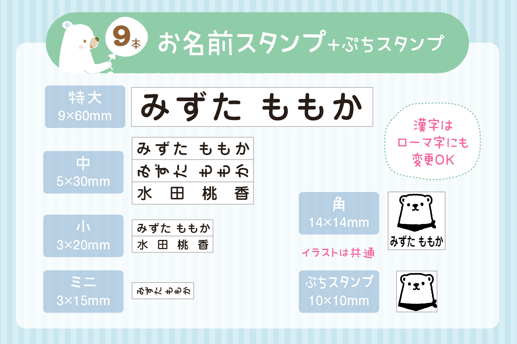 ひらがな+漢字でお作りします。漢字はローマ字にも変更OK!