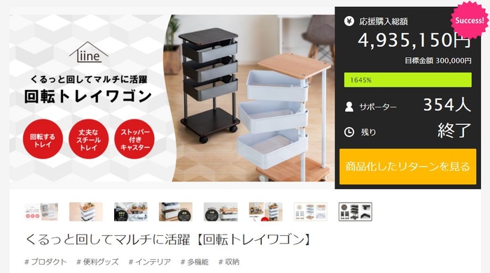 第1弾「回転トレイワゴン」目標金額達成