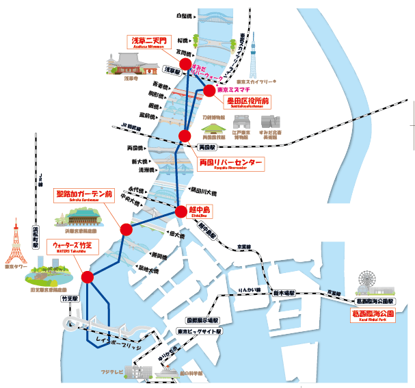 隅田川に架かる13の橋(青線は東京水辺ラインの浅草・お台場コースの航路)