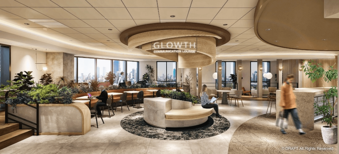 「GLOWTH」とはGROWTH(成長)とGLOW(輝き、満悦感、幸福感)を掛け合わせた造語。空間コンセプトである「年輪」をモチーフとしつつ、 ラウンジを利用する人々の心が満たされ、その幸福の輪が広がっていくようにという意を込め名づけました。