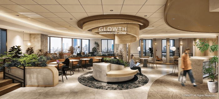 「GLOWTH」とはGROWTH(成長)とGLOW(輝き、満悦感、幸福感)を掛け合わせた造語。空間コンセプトである「年輪」をモチーフとしつつ、 ラウンジを利用する人々の心が満たされ、その幸福の輪が広がっていくようにという意を込め名づけました。