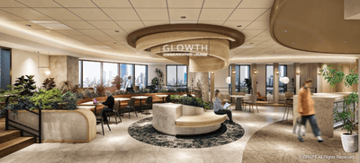 「GLOWTH」とはGROWTH（成長）とGLOW（輝き、満悦感、幸福感）を掛け合わせた造語。空間コンセプトである「年輪」をモチーフとしつつ、 ラウンジを利用する人々の心が満たされ、その幸福の輪が広がっていくようにという意を込め名づけました。