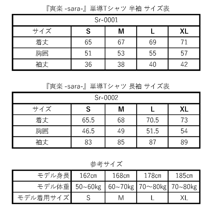 『爽楽 -sara-』単導Tシャツサイズ表