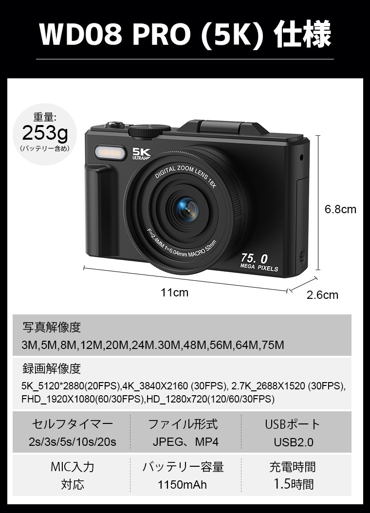RS☆5K 高画質・7500 万画素コンパクトデジタルカメラ WD08 新登場