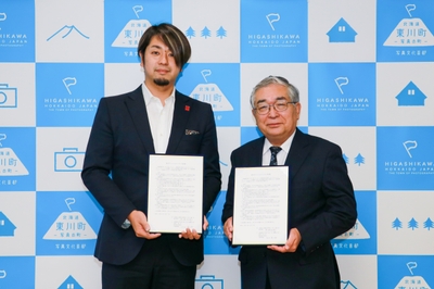 左：代表取締役社長 池田憲士郎氏　右：東川町長 松岡市郎 