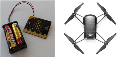 出前授業で活用する教育向けマイコンボード「micro:bit」（左）、ドローン（右）