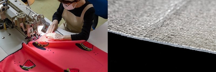 カーテンの縫製技術を応用/裏面はクッション性のアルミシートを使用