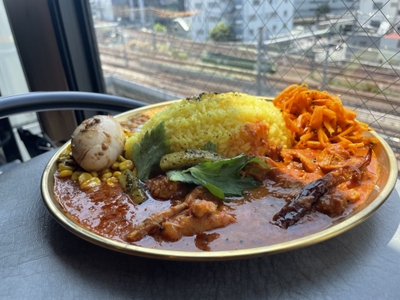 ケララココナッツ赤チキン& サバ出汁黄ダルパイナップルソース 掛け1200円卵トッピング