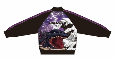 ▲高波を背景に口を開けたゴジラが大迫力に描かれた一着（Back）