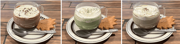 左から) チョコラテ/グリーンティラテ/ほうじ茶ラテ