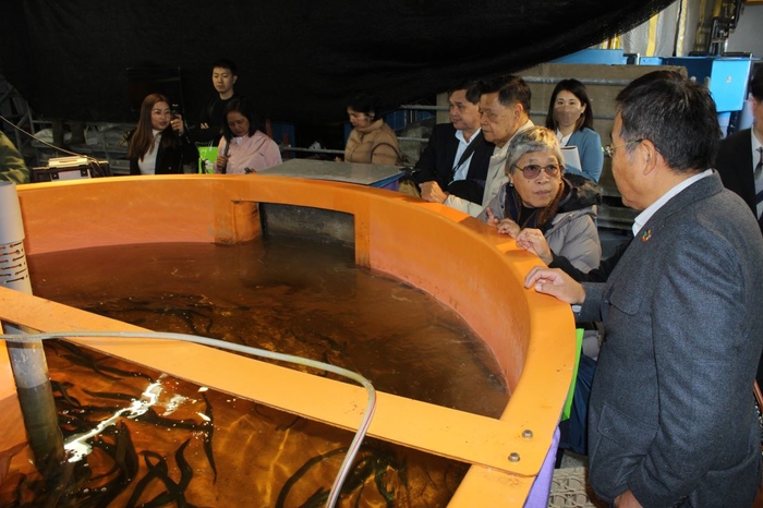 ニホンウナギを養殖している35トン水槽で山本准教授(右端)の説明を聞く一行