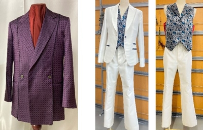 「シングルダブル」：布施ゼミ4年　平松祐基（左）、「レディース、ベスト付きスーツ」：布施ゼミ4年　吉田鈴香（右）